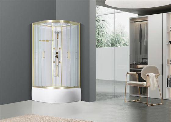 ตู้อาบน้ำพร้อมถาดอะครีลิคสีขาว อลูมิเนียมทอง 900*900*2150ซม. ถาดสูง
